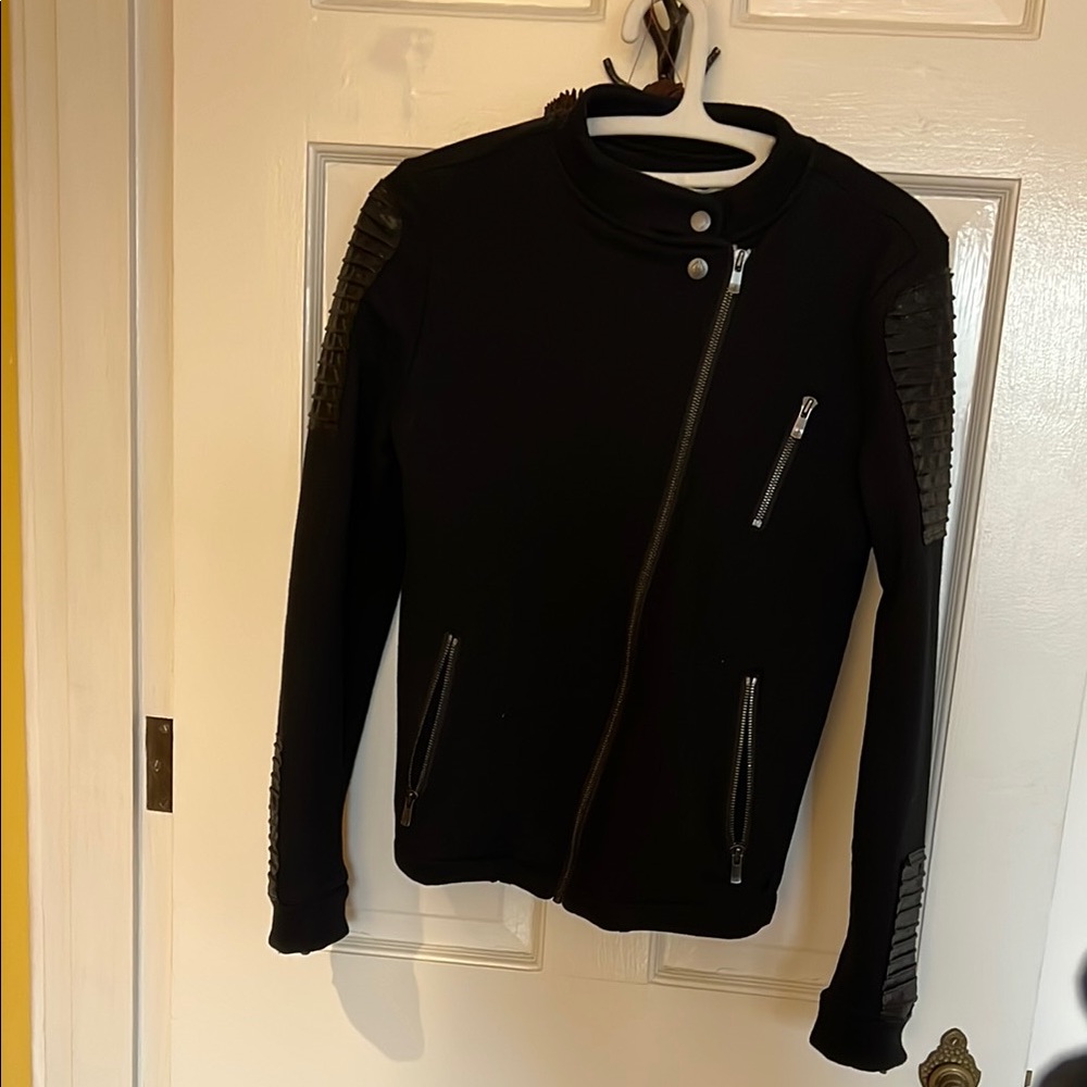 Moto style jacket w/ shiny shoulder and wrist patches
